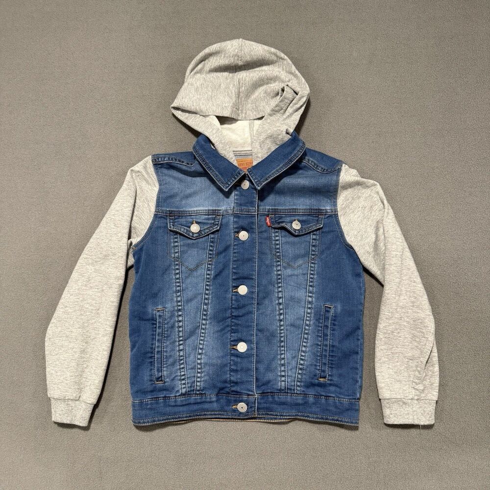 Levi’s Unisex Hooded Jacket, Blue Denim Body Gray Cotton Sleeves SP 8 -10 Years